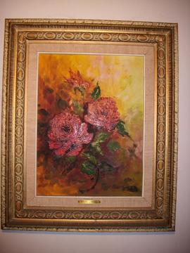Cuadro pintura óleo sobre lienzo enmarcada / rosas flores marina bodegón araguaney ciudad