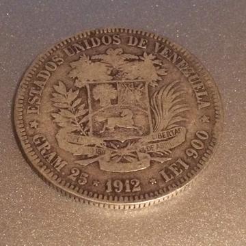 Moneda Plata Fuerte Ley 900 Simon Bolivar 1912 25 Gramos