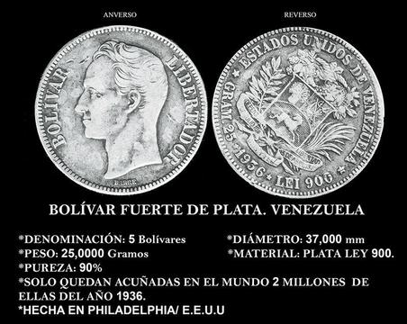 Moneda Fuerte De Plata De 1936. Venezuela