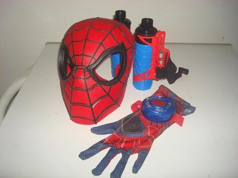 mascara original de spideman ó hombre araña mas guante con sensor de sonido de golpes y envase de tira telaraña